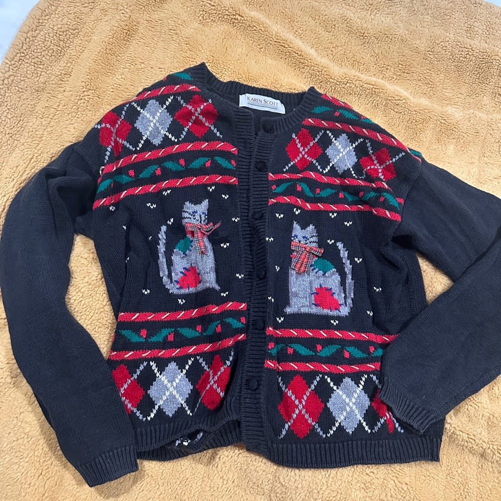 Karen Scott Black Cardigan with Festive Accents Christmas sweater cats